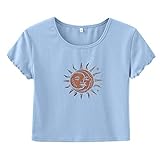 T-Shirt Damenmode Sun Moon Print Nabel Kurzarm Oberteil mit Rundhalsausschnitt (XL,2Blau)