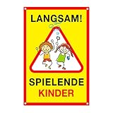 Achtung Kinder Schild - Spielende Kinder Warnschild – Vorsicht hier spielen Kinder – Bitte langsam fahren (PVC 20x30 cm) (1)