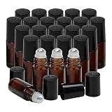 Belle Vous Bernsteinfarbe Braunglasflasche Roller (24 Pack) 5ml Nachfüllbare Liquid Flasche Öl Roller Edelstahl Kugeln - Für Ätherische Öle Aufbewahrung, Parfüm, Duft, Lippen Balsam/Öl und Kosmetik