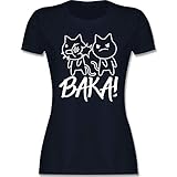 Anime Merch Manga Deko - Baka! mit Katzen - weiß - S - Navy Blau - schwarzes Tshirt Anime - L191 - Tailliertes Tshirt für Damen und Frauen T-S