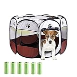 Authda Welpenlaufstall für Hunde Wohnung,Faltbar,Welpenfreilaufgehege aus Strapazierfähigem Polyester Welpenauslauf,Tierlaufstall Freilaufgehege für Innen und Außen (S-74x74x43cm, Braun)