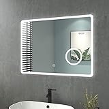 Heilmetz Badezimmerspiegel mit Beleuchtung 80x60 cm LED Badspiegel 3 Lichtfarbe Warmweiß/Neutral/Kaltweiß Dimmbar 3000-6500K Wandspiegel mit Touchschalter + Beschlagfrei + 3-Fach Vergrößerung