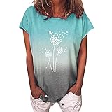 Sommer Damen T-Shirt Kurzarm Löwenzahn Drucken Rundhals Oberteile Casual Lose Bluse Mädchen Teenager Basic Shirt Große Größen Tunika Frauen Mode Motiv Tee Top