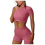 Damen-Sport-Shorts, modisch, zweiteilig, nahtlos, hohe Taille, Damen-Anzüge und Sets, rose, 36