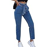 Ansenesna Damen Jeans Lang Hohe Taille Elegant Freizeithosen Mit Gürtel Mädchen Denim Einfarbig Slim Fit Für Outdoor (Blau, M)