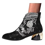 Dasongff Stiefeletten Damen mit Absatz,Frauen Bequem Warme Bedruckt Kurze Stiefel Kurzschaft Winterstiefel Retro Gestickte Bunte Blume Handgemachtes Outdoor Mode Party Winterschuhe 2021 Winter Herb