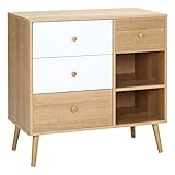 HOMCOM Sideboard Küchenschrank Kommode mit 2 offenen Fächern 4 Schubladen für Wohnzimmer Skandi-Design Natur+Weiß 80 x 39 x 80