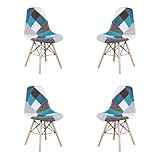 WV LeisureMaster Set mit 4 Sesseln aus Leinen mit Patchwork, Stuhl im skandinavischen Stil, mehrfarbig (blau)
