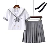 YUXIwang Sailor Suit. Academic-Art-Frauen JK Uniformen weißes Hemd Grau Faltenrock Sailor Suits Korea Japan Schülerin Cosplay Student Uniform (Color : Short Set with Socks, Size : M)