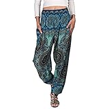 WUSIKY Haremshose Damen Sommerhose Damen Leicht Pumphose Culottes Hosen Boho Hose Konischer Elefant Lose Yoga-Reiselounge Umstandshose Hippie Kleidung Haremshosen Frauen Aladinhose (Blue, L)