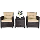 COSTWAY 3-TLG. Polyrattan Lounge Set, Gartenmöbel Rattan Sitzgruppe mit Sitzkissen & Couchtisch, Rattantisch und Stühle, Gartenset BalkonMöbel-Setfür In-&Outdoor, schw