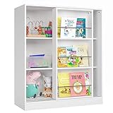 Kinderregal Regal mit Schiebetüren Bücherregal Kommde Schrank Standregal Raumteiler Sideboard weiß 105x37x90