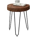 FineBuy Design Beistelltisch 30x30x41 cm Sheesham Massivholz | Moderner Wohnzimmer Anstelltisch mit Metallbeinen | Dreibein Dekotisch braun mit Baumstammscheibe | Couchtisch k