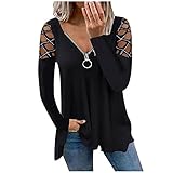 Damen Vintage Reißverschluss Bluse Tops V Ausschnitt Hohle Ärmel Strass Solide Bluse Tunika T-Shirt Elehant Pullover Damen Dressy T-Shirt Urlaub Party Jumper Sweatshirt Tee, Schwarz , XXL