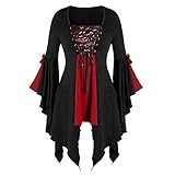 Doublehero Gothic Kleidung Damen Kleid Mittelalter Kostüm Punk Karneval Kostüm Cosplay Langarm Steampunk Minikleid Sommer Schnürung Rückenfrei Party Vintage Kleid Weihnachten (M,Rot)
