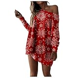 Weihnachtskleid Damen Weihnachtspullover Langarm Sexy Schräger Kragen Trägerlos Sweatshirt Weihnachten Pullover Lang Blusenkleider Teenager Mädchen Fashion Xmas Minikleid Lang