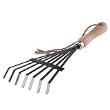 KADAX Kleine Harke aus Metall, Rechen mit Stiel aus Holz, Laubbesen, Laubrechen, Rasenrechen für Garten, Gartenharke, Handrechen, Kleinfächerbesen (7 Zinken)
