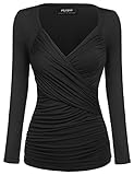 Zeagoo Damen V-Ausschnitt Langarmshirt Tunika Bluse Obertail T-Shirt mit Rüschen Schwarz- EU 36(Herstellergröße:S)