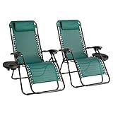 Zero Gravity Stuhl-Set mit 2 robusten Textoline-Outdoor- und Gartenliegen, Liegestuhl, Klappstuhl mit Getränkehalter und Kopfstütze Kissen (grün)
