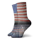 Kompressionssocken für Damen und Herren, gepolstert, Sportsocken für Laufen, Athletic, Rustikaler Holzboden mit geriffeltem Bild zum 4. Juli Independence Day, O