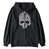 Damen Zip Totenkopf Hooded Jacket Y2k Lustig Halloween Sweatjacke mit Kapuze und Reißverschluss Schwarz Basic Hoodie für Frauen Damen Herbst Winter Lose Kapuzenjacke Pullover Oberteile M