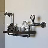 FKKPRVAX Wandregal Industrial Schwarz Metall Regal,Regal Holz Mit Zähler und Wasserhahn,Vintage Dekorative Regale für Wohnzimmer, Küche, Schlafzimmer, Badezimmer - 70x 40x20