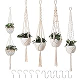 Petutu 5er Set Makramee Blumenampel, Boho Deko Baumwollseil Hängeampel Blumentopf Pflanzen Halter Aufhänger für Innen Außen Decken Balkone Wanddekoration (Beige)