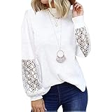 Bluse Damen Langarm Blusen Langarm Blusehemd Casual Rundkragen Spleißen Langarm Spitze mit Taschen Langarmshirt Bluse Loose Oberteile Tops Shirts für Frauen Freizeithemd Bluse Hemden Lang