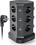 12 Fach Steckdosenleiste mit USB C Schnellladegerät 20W und 3M Kabel, 16A Mehrfachsteckdose 3680W mit 5 USB（5V/4.8W）, Überspannungsschutz Steckdosenleiste mit Schalter und Tischlampe für Büro und H