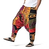 Pluderhose Herren Baumwolle Leinen Hängender Schritt Hosen Atmungsaktiv Yoga lose Bohème Druck Sommerhose Jogginghose Lange Herbsthose Harem Stil Locker Freizeithose Heimhose Joggers Streetwear S-3XL