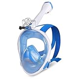 IMMEK Tauchermaske Vollmaske Anti-Fog & Anti-Leck Tauchmaske Sichere Schnorchelmaske CO2 Easybreath 180° Sichtfeld mit Abnehmbar Unterwasserkamera Ständer für Erwachsene und Kinder (S/M, Weiß Blau)