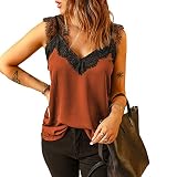Damen Casual Spitze Schultergurt ärmellose Bluse T-Shirt Top Damen V-Ausschnitt ärmelloses Weste Top mit Spitzendetails Spitzenweste Tanktops Sommer lockere lässige ärmellose Shirts T-Shirt B