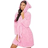 MINASAN Damen Bademantel kurz mit Kapuze - Flauschiger Saunamantel Morgenmantel Nachtwäsche Fleece Morgenmantel Ohr mit Kapuze (Rosa, L)