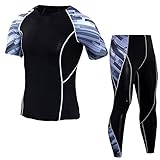 Sport Set Herren Slim Fit Schick Druck Rundhals T-Shirt/Hose Fitness Workout Bodybuilding Yoga Funktionsshirt Set Herren Lässig Stretch Sportswear H