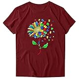 Damen Lose Kurzarm Süß Sommer Tops Bedruckt Casual Tee Tops T Shirt, Wein D, Larg