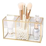 Kosmetik Organizer,Schminkpinsel Behälter,Make Up Aufbewahrung,mit Kupferkante,3 Fächer,Kosmetikpinselhalter für Pinsel, Eyeliner, Lippenstift, Pinsel , Schminktisch,Gold (18 x 7 x 9cm)