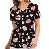 Hemdoberteil mit Valentinstag Drucken Arbeitsuniform Bluse für Damen Kurzarm Schützende Oberteil Casual Tops Shirt T-Shirt Mode Arbeitskleidung (A-Schwarz, XL)