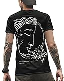 Buddha Lotus Kunst Art Tshirt Schwarz mit Aufdruck Sprüche Zitat, Sprüche Zen Meditation Yoga Vegan T-Shirt mit Druck Print Chinesischer Kunstdruck Großdruck, Bio-Baumw