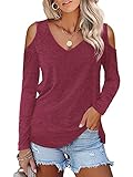 Beluring Damen Einfache Bluse Kalte Schulter V Ausschnitt Langarm Einfarbig Oberteile T-Shirts Burgund XL