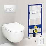 Spülrandloses Hänge Wc mit Spülkasten 54cm I Wand WC ohne Spülrand mit Geberit UP100 Vorwandelement und Delta21 Betätigungsplatte I Randloses Hänge WC Komplettset Weiß M