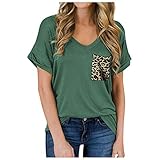 LRWEY Damen Sommer V-Ausschnitt Tasche Einfarbig T-Shirt Curling Kurzarm Loose Top, armee-grün, Larg