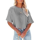 Genorsk Damen Sweatshirt Rundhalsausschnitt Halbarm Nabel Top Blusen Kurzes Mode Lässiger Lose Solide T-Shirt mit hoher Taille Teenager Mädchen Bekleidung