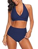 Roskiky Halter Bikinioberteil mit vorderseitigem Knoten, hoch taillierte Tankini Hose mit leichten Rüschen Marineblau Größe L