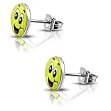 Bungsa Ohrstecker fröhlicher SMILEY silber/gelb - runde Ohrringe mit lachendem SMILEY - nickelfreier EDELSTAHL Ohrschmuck für Kinder, Frauen & Männer - niedliche EMOJI Earstuds mit Smiley