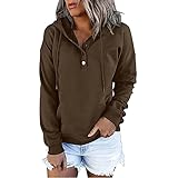 Damen Kapuzenpullover V-Ausschnitt Langarm Sweatshirt Frühling Herbst Hoodie Lässige Pullover mit Kapuze Kordelzug Oberteil mit Tasche Tunika Freizeit Solide Lang