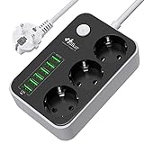 Mehrfachsteckdose HULKER Steckdosenadapter 3 fach/Steckdosen 6 USB -Anschlüsse, Steckdosenleiste mit überspannungsschutz, 1.6 m Verlängerungskabel EU Steck