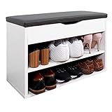 RICOO Sitzbank mit Schuhregal (WM032-W-A) Schuhbank Holz Weiß Sitzfläche mit Stauraum Polster Grau, BxHxT 60x42x29 cm Flur Garderoben-Bank Schuh-Schrank Schuh-Ablage S