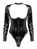 Freebily Damen Wetlook Body Dessous Offen Brust Bodysuit Lackleder Stringbody Zipper Overall Trikot Frauen Gogo Clubwear Nachtwäsche Schwarz B XXL