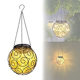 Solarlampe für Außen Hängend Kugel mit Pflegetuch – Solarleuchte Garten 37 cm Hoch - Außenleuchte Gartenlampe LED 14 cm Durchmesser – Leuchte Solar Aussenlampe IP 44 Metall Amber Schw