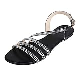 Damen Sandalen Riemchensandale mit Strass Bequeme Flache Beach Strandsandale Slingback Peep Toe Sommer Outdoor Sandals Freizeitschuhe(1-Schwarz/Black,41)